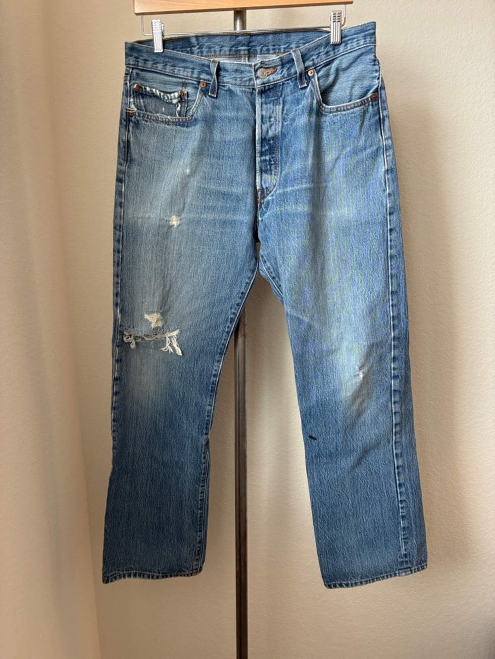 Levi's Classic 501 36x32 Distressed Destroyed Light Blue Jeans Work Button Fly